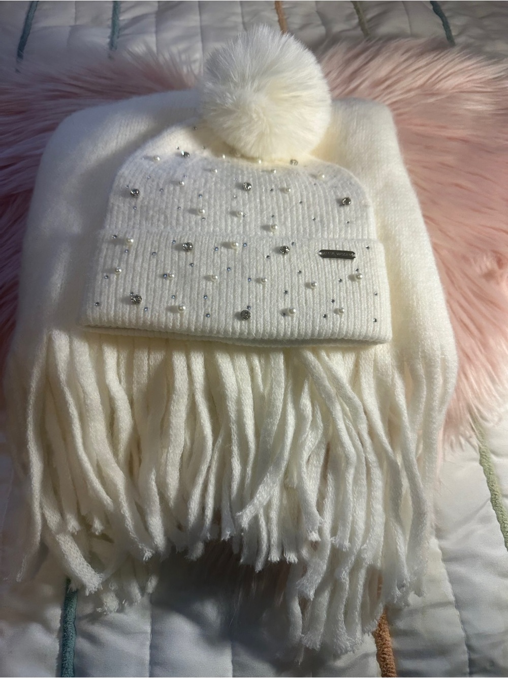 Steve Madden 2 Set Jeweled Pompom Beanie And Matching Scarf in Ivory One Size